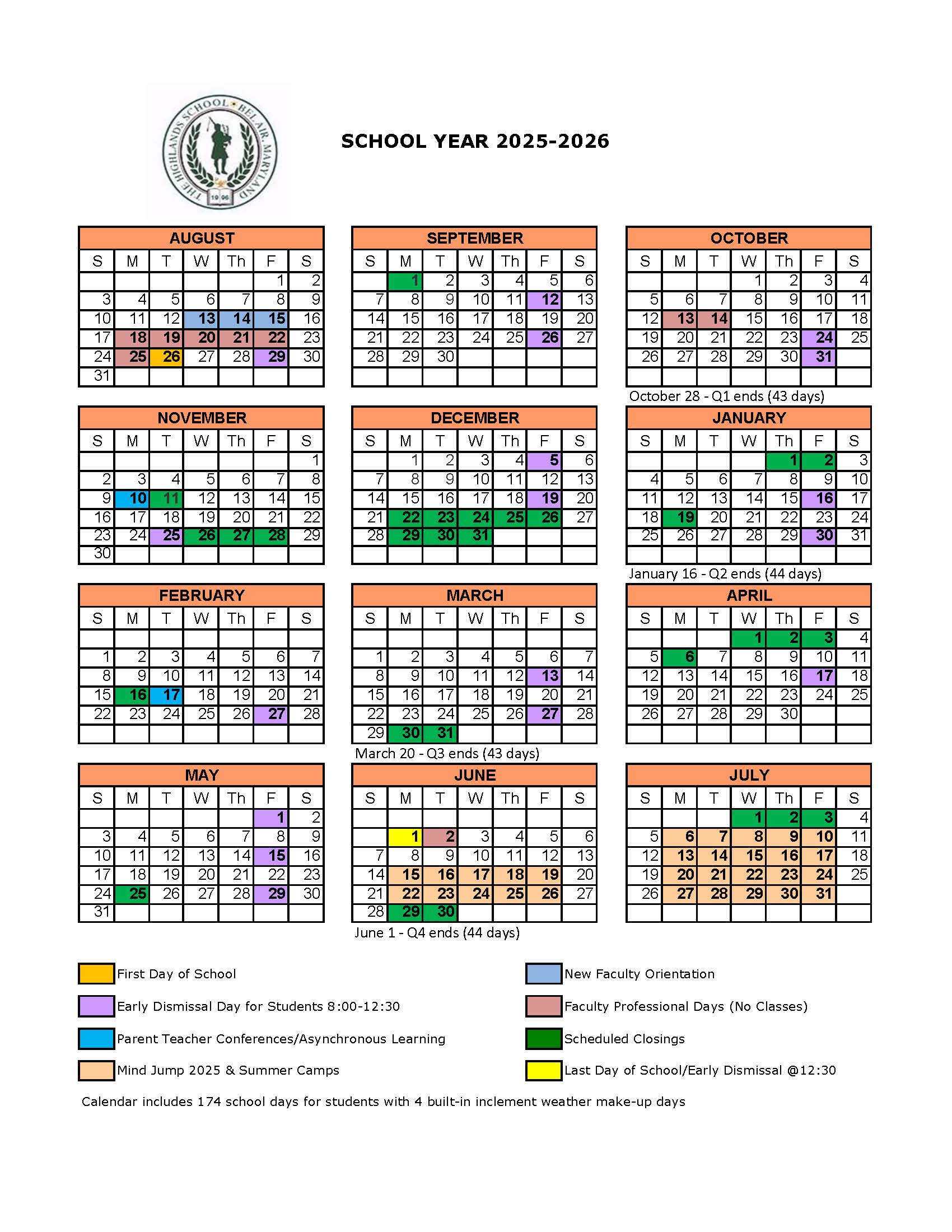 The Highlands School Calendar
